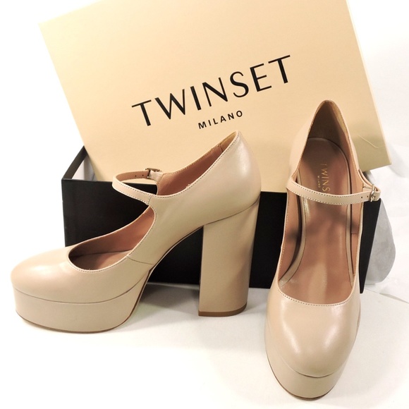 TWINSET 🇮🇹 WOMEN'S BEIGE SOFT LEATHER COMFORT PLATFORM PUMPS - Picture 8 of 8